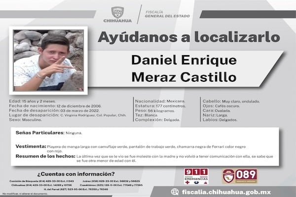 Fiscalía solicita apoyo para localizar a un adolescente con reporte de ausencia en Aldama