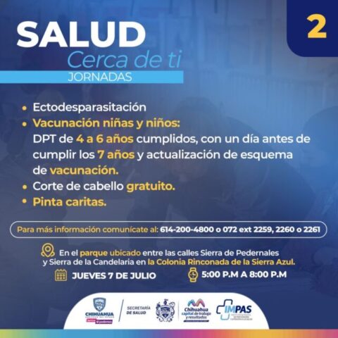 Noticias Chihuahua PAUSA.MX Realizará Gobierno Municipal jornada de “Salud Cerca de ti” en colonia Rinconada Sierra Azul Noticias Chihuahua Pausa.MX Realizará Gobierno Municipal jornada de “Salud Cerca de ti” en colonia Rinconada Sierra Azul