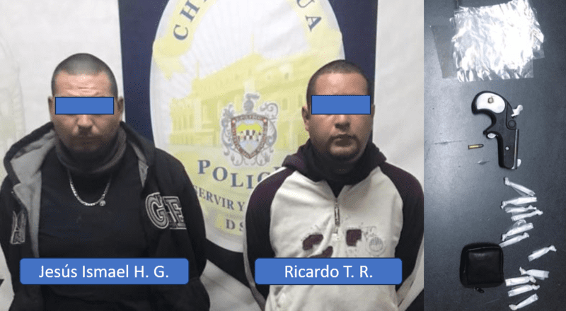 Caen dos hombres con aparentes sustancias ilícitas y arma de utilería