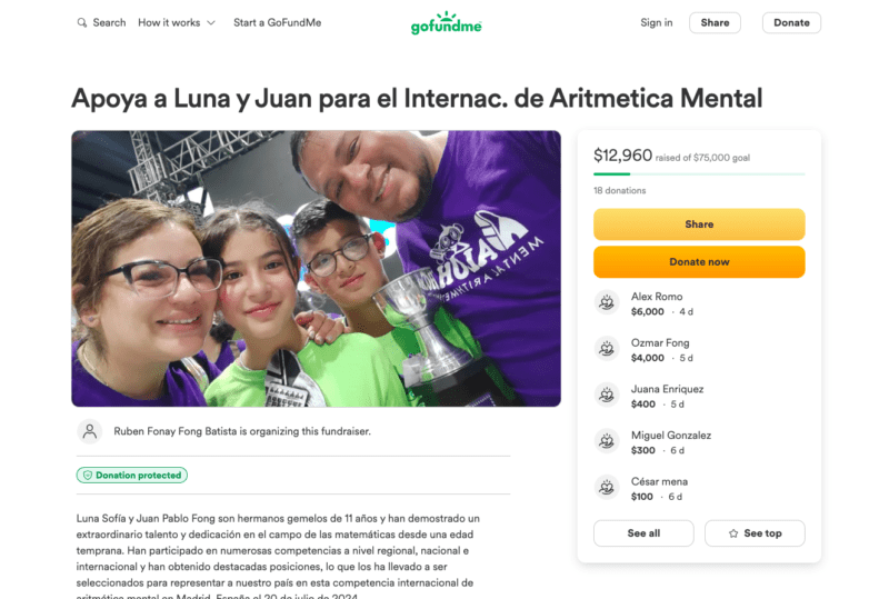 GoFundMe Apoya a Luna y Juan para el Internac. de Aritmetica Mental