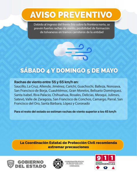 Noticias Chihuahua PAUSA.MX Prevé CEPC ráfagas de viento superiores los 55 y 65 km/h en el estado para este fin de semana
