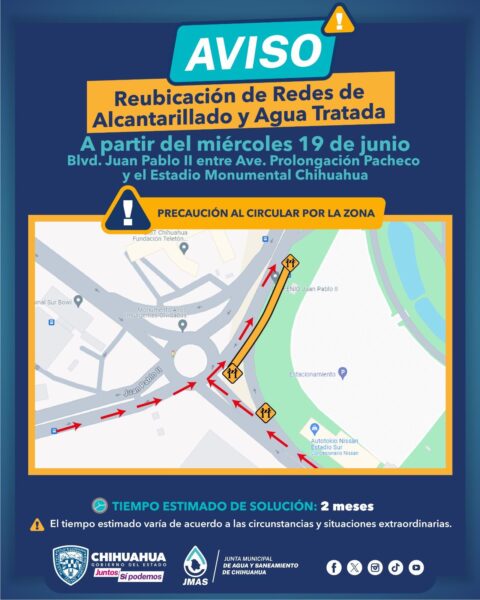 Noticias Chihuahua PAUSA.MX Reubicará JMAS Chihuahua redes de alcantarillado y agua tratada en el bulevar Juan Pablo II y avenida Pacheco