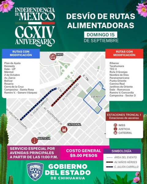 Noticias Chihuahua PAUSA.MX Informa Gobierno del Estado modificaciones temporales en rutas por conmemoración del Grito de Independencia