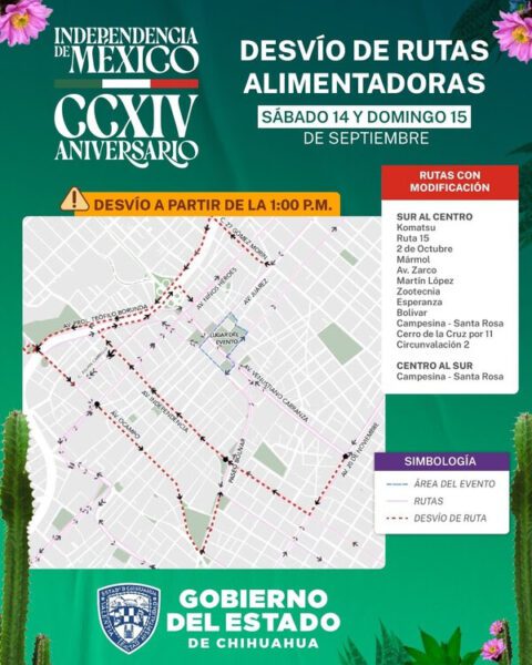 Noticias Chihuahua PAUSA.MX Informa Gobierno del Estado modificaciones temporales en rutas por conmemoración del Grito de Independencia