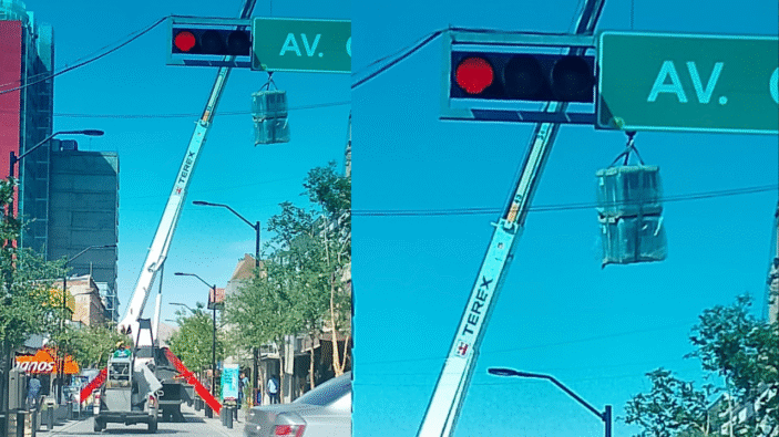 Denuncian falta de medidas de seguridad en obra con grúa sobre la calle Libertad en Chihuahua