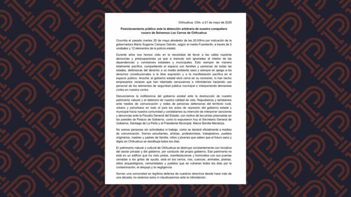 Rechazan ONGs nacionales detención de vocero ambientalista y denuncian 'amenazas' del Municipio de Chihuahua