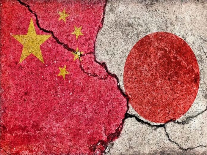 Grunge country flag illustration (cracked concrete background) / Japan vs China (Political or economic conflict) PAUSA.MX