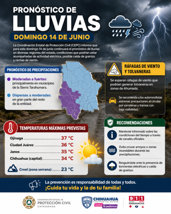 Prevén lluvias, tormentas eléctricas y calor para este domingo en Chihuahua