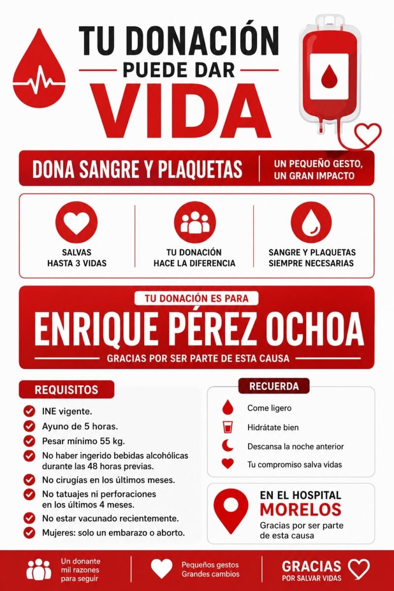 Piden donar sangre y plaquetas para el señor Enrique Pérez Ochoa