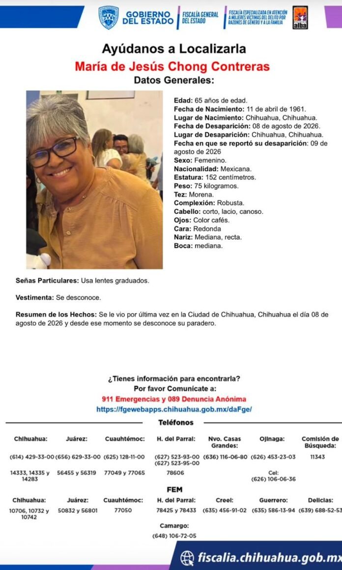 Buscan a María de Jesús Chong Contreras, desaparecida en Chihuahua