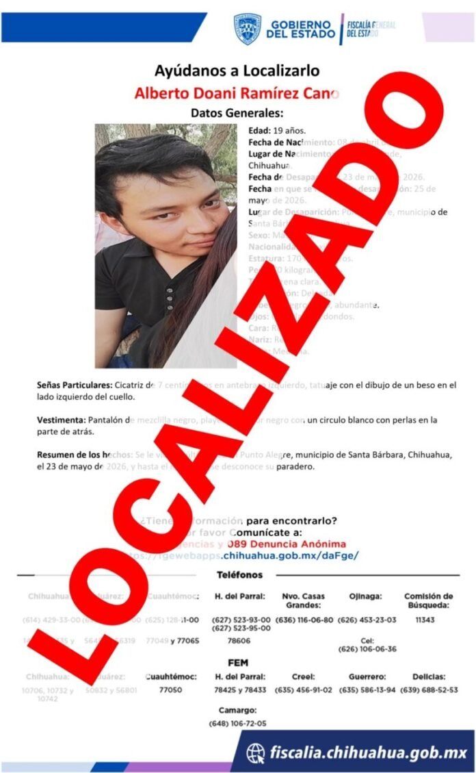 Localiza Fiscalía Sur en Chihuahua a joven con reporte de ausencia en Santa Bárbara