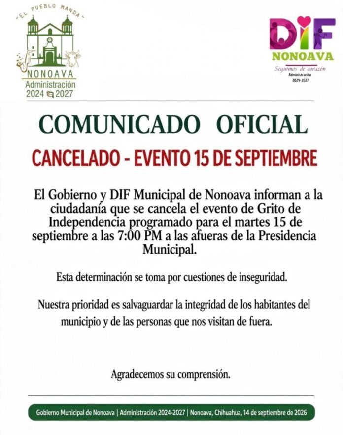 Nonoava suspende el Grito de Independencia por seguridad