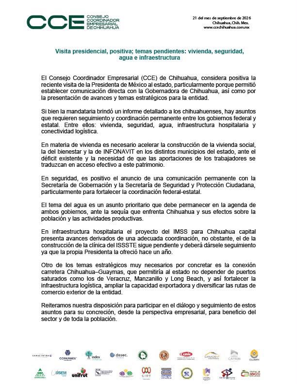 CCE califica de positiva la visita presidencial, pero señala pendientes en vivienda, agua y seguridad