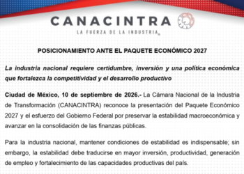 Exige Canacintra que Paquete Económico 2027 impulse inversión y competitividad industrial
