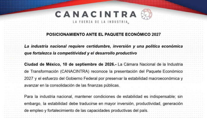 Exige Canacintra que Paquete Económico 2027 impulse inversión y competitividad industrial