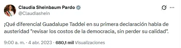 Reviven tuit de Claudia Sheinbaum sobre Guadalupe Taddei en medio de la polémica del INE