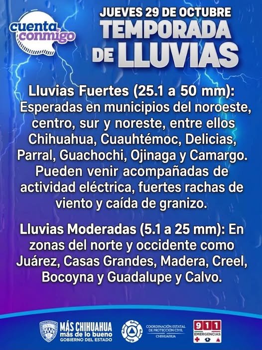 Activan Alerta Naranja por lluvias en gran parte de Chihuahua