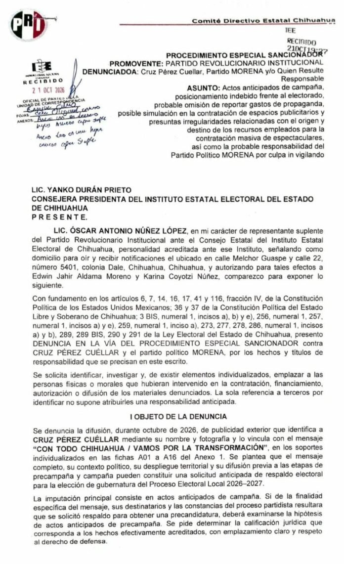 PRI Estatal denuncia a Morena por actos anticipados de campaña