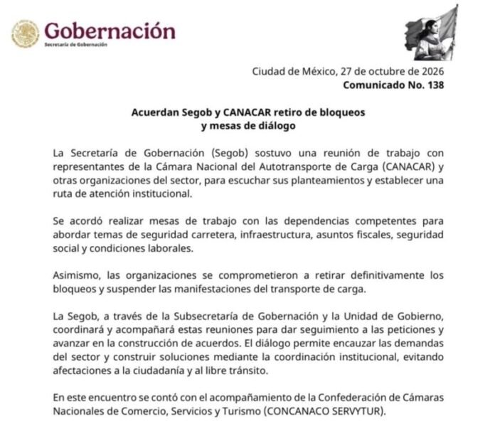 Acuerdan Segob y Canacar retirar bloqueos y abrir mesas de diálogo